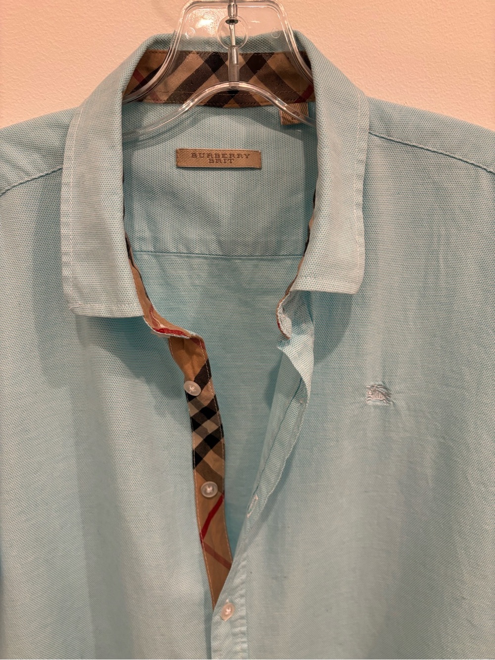Burberry Brit Mens Medium Short Sleeve Button Front Shirt Light Blue Iconic Trim